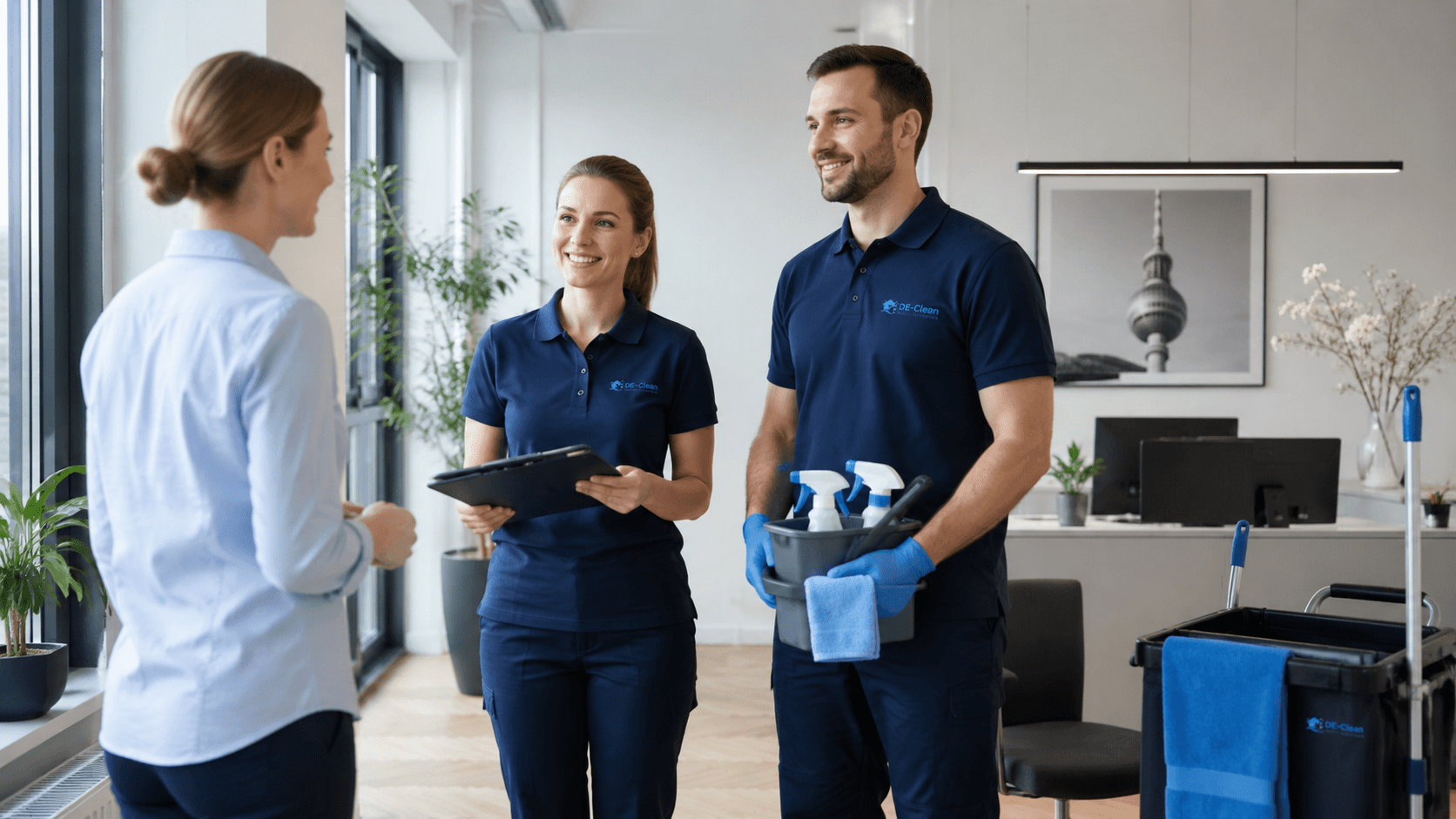 DE-Clean Reinigungsteam im persönlichen Gespräch mit einer Kundin in einem modernen Büro